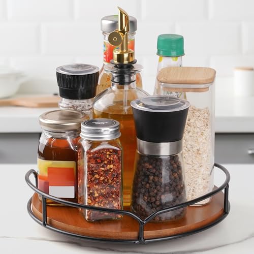 Winter Shore Plato Giratorio Organizador Cocina Lazy Susan de 23 cm - Especiero Giratorio con Asas y Base Antideslizante - Bambú y Hierro Fácil de Limpiar - Bandeja Giratoria Mueble Cocina