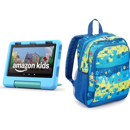 Amazon Fire HD 8 Kids tablet, ages 3-7 (32GB, Blue) + Backpack Bundle