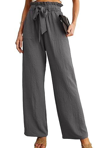 IWOLLENCE Women’s Wide Leg Pants with Pockets High Waist Adjustable Knot Loose Casual Trousers Business Work Casual Pants