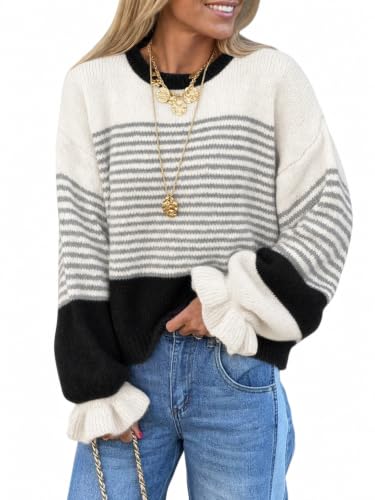 Saodimallsu Womens Striped Ruffle Sleeve Pullover Sweaters 2026 Fall Trendy Slouchy Color Block Preppy Sweater Tops Black