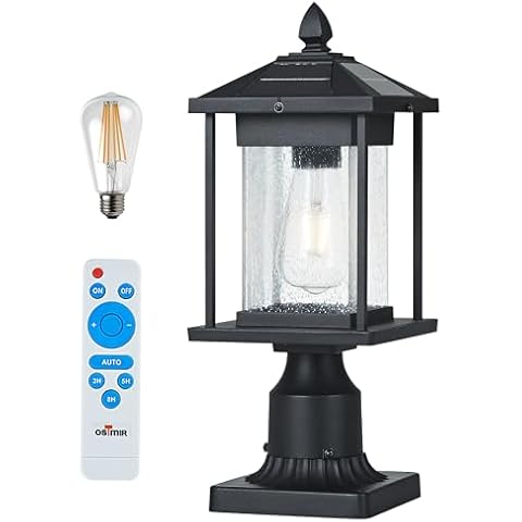 Osimir 16 Inch Outdoor Solar Post Lights, 3000K Dusk to Dawn Solar lamp Post Light with Pier Mount Base, Waterproof Solar Post Lighting with Remote Control, Black Finish with Seeded Glass, 8598/1GS Cover