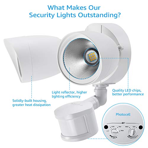 Leonlite Motion Sensor Flood Light, Ul & Energy Star Listed, Led Security Lights Dusk To Dawn, Waterproof Outdoor Floodlighting Fixture, Adjustable Dual Heads, 1400Lm, 3000K Warm White, White #TOP5