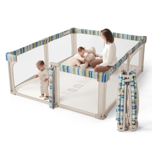 Image of Baby Playpen Portable, Pre-Assembled Play Pen 59x59 Large Foldable Playpen for Babies and Toddlers, Sturdy and Safe Toddler Play Yard Indoor Outdoor with Carry Bag, Light Khaki-Stripe