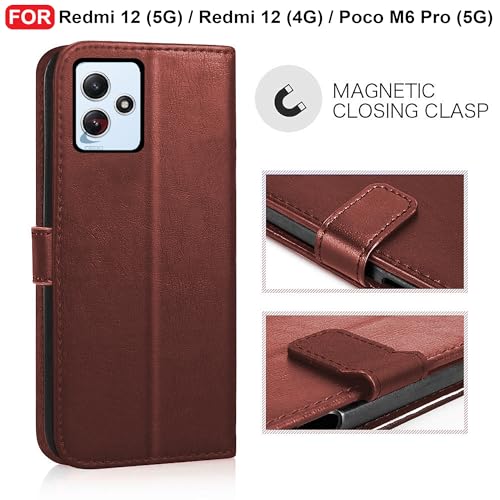 Image of CEDO Flip Cover for Redmi 12 (5G) / Redmi 12 (4G) / Poco M6 Pro (5G) | Leather Finish | Inside Pockets & Inbuilt Stand | Shockproof Wallet Style Magnetic Closure Back Case Flipcover (Brown)