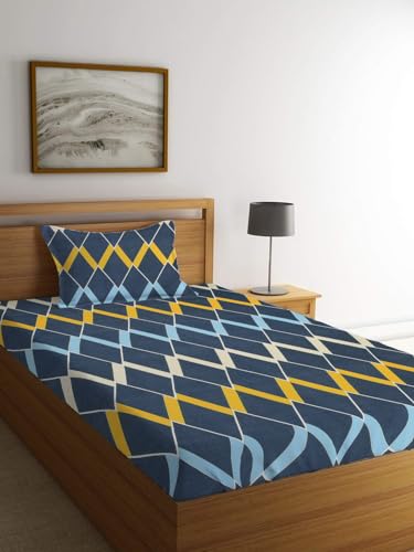 Image of LOOMLYFE 300 TC Cotton Feel Glace Elastic Fitted Printed Single Bed Bedsheet with 1 Pillow Cover Fits Upto 6 Inches Mattress,Size- 42X75X8 Inches, Navy Box
