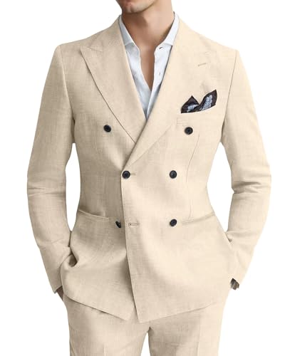 Mens Linen Suit 2 Piece Double Breasted Suit Blazer Pants Set Slim Fit Casual Summer Beach Wedding Linen Tuxedo Men