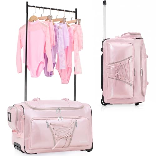 Fanwoli 23 Dance Bag with Garment Rack | Luminous Poise Collection | Waterproof Lustrous Satin Fabric | Competition Travel Duffel Luggage for Cheer Skating Gymnastics & Sleepover | Pearlescent Pink