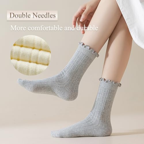 Women's Ruffle Socks - Crew Cotton Ankle Socks, Frilly, Ribbed, Ultra Soft, Lettuce Green, 6 Pack3