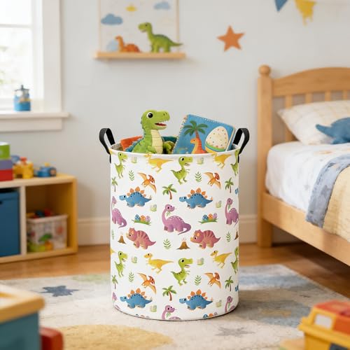 Image of Round Laundry Basket Collapsible Storage Hamper Organizer Cute Dinosaur | Waterproof Canvas Foldable Baskets with sturdy Handles Multi-scene Organizer for Home Play Bedroom Gift Bin