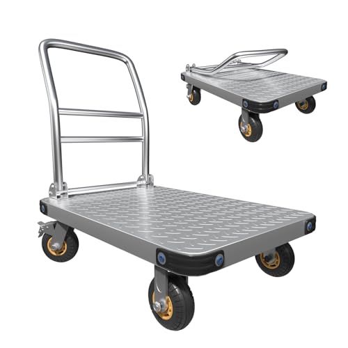 MediHoist Folding Platform Trolley 900 kg Capacity, Heavy Duty Platform Trolley with 12.7 cm Braked Wheels, 91x60 cm Flatbed Trolley for Warehouse, Furniture & Appliance Moving, Silver