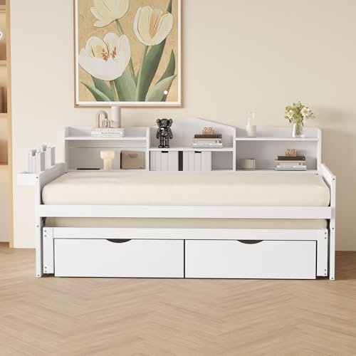 REXO Sofá cama 90 x 200, cama nido 90 x 190 cm, con dos cajones, gran compartimento de almacenamiento y cesta de almacenamiento, enchufe USB, cama individual de madera, color blanco