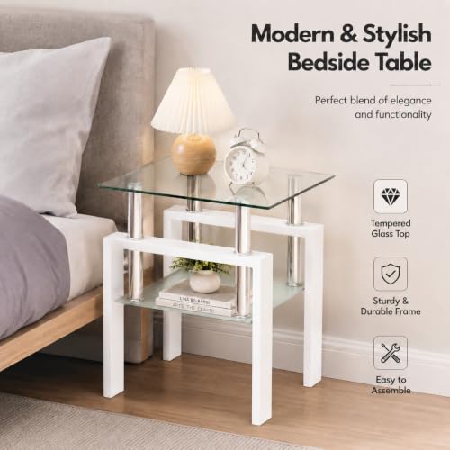 Image of Meihua Tempered Glass End Table, White Modern Square Side Table with Metal Frame, 2-Tier Glass Accent Table for Living Room, Bedroom, Apartment & Small Spaces