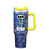 Spoontiques Batman 40oz Glitter Acrylic Travel Mug - Double Wall Acrylic with Sliding Lock Travel Lid and Straw - 11" Tall