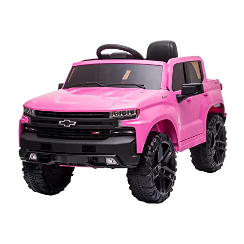 Kids Ride On Car with Remote Control, 12V Powered Wheels, MP3, FM Radio, Spring Suspension, LED Lights,Licensed Chevrolet Silverado GMC Perfect Electric Vehicle for Toddlers Age 3-8, in Pink