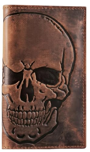 Image of F&L CLASSIC Men's RFID Vintage Look Genuine Leather Long Bifold Wallet Checkbook Wallets, classic brown with skull embossment, Bi-fold Full Grain Leather Checkbook Wallet
