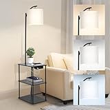 ASD Floor Lamp with Table & Charging Station, End Table Lamp with Shelves, USB-A, Type-C, AC Outlet, 3CCT LED Bulb, Modern Side Table Lamp for Living Room Bedroom Office, Corner Nightstand Lamp, Black
