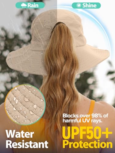 Image of EW East Water Sun Beach Hat for Women, UPF50+ Waterproof with Ponytail Hole | Large Breathable Mesh,3.5 inch Wide Brim, Adjustable Windproof Chin Strap,Quick-Dry, for Hiking Fishing Outdoor Safari