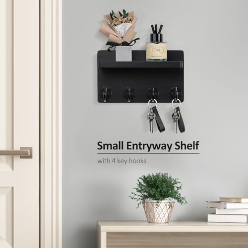 Nekon Key Holder Wall Mount, 8.5 Inch Small Home Decor Wooden Wall Organizer with 4 Hooks and Shelf, Wall Decor for Living Room Entryway Kitchen (Black) - Cosy Home Interiors Nekon Key Holder Wall Mount, 8.5 Inch Small Home Decor Wooden Wall Organizer with 4 Hooks and Shelf, Wall Decor for Living Room Entryway Kitchen (Black) - Image 2