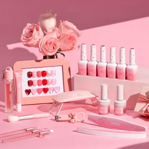 Image of Beetles 30 Pcs Gel Nail Polish Kit with U V Light - 6 Colors Red Cat Eye Gel Polish Set Pink Jelly Glitter Sweet Date Collection with Heart Magnet Manicure DIY Salon Gifts for Mom Women