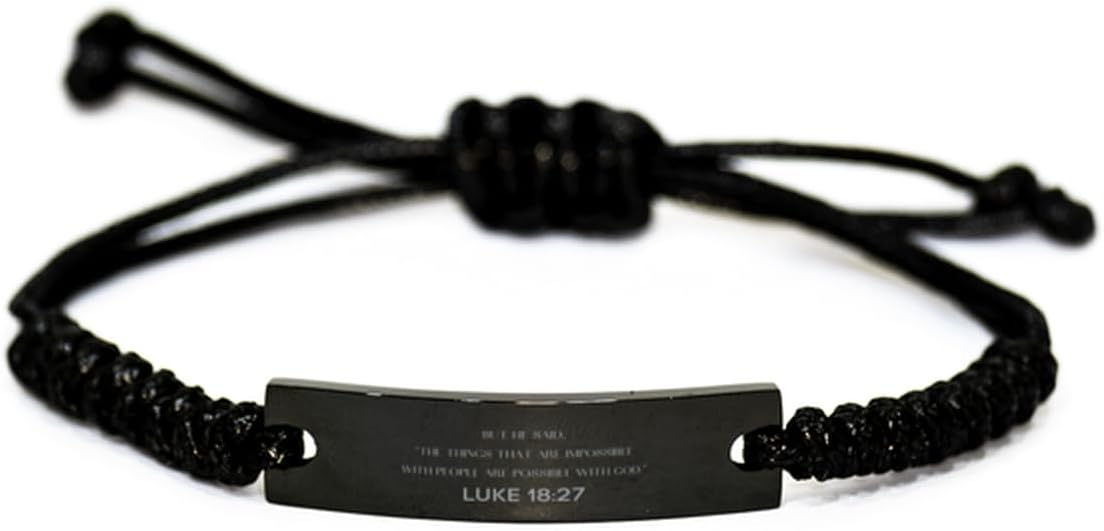 Inspirational Luke 18:27 Christian Black Rop Bracelet Encouragement Gifts Message Prayer Luke 18:27 Religious Bracelets for Women Men Luke 18:27 Bible Verse Faith Adjustable Engraved Bracelet But