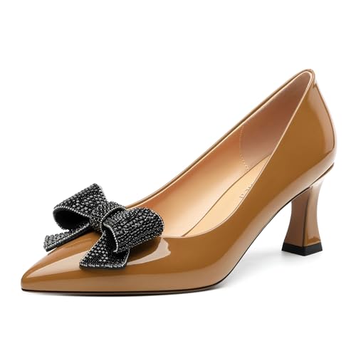 Image of Heels for Women Closed Patent Pointed Toe Bow Pumps Slip on Kitten Low Heels Wedding Party Dress Office Shoes 2.5Inch