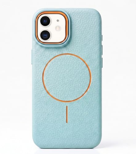 Image of amazon basics Luxury MagSafe Compatible Leather Texture Back Cover for iPhone 12 | Raised Camera Protection | Slim Fit Shockproof Case with Metallic Accents (Light Blue)
