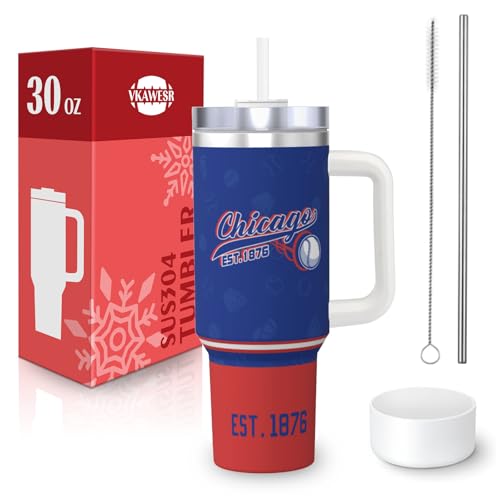 Image of Chicago 30 oz Tumbler with Handle and Straw,Car cup,100% Leakproof Insulated Tumbler with Lid and Straw,Made of Stainless Steel,Cup Holder Friendly Base,Classic Collection Gifts for Fans