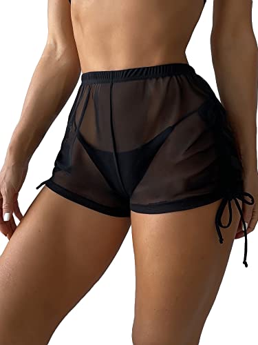 Women's Drawstring Side Mesh Sheer Beach Summer Cover Up Shorts Bikini Bottoms2