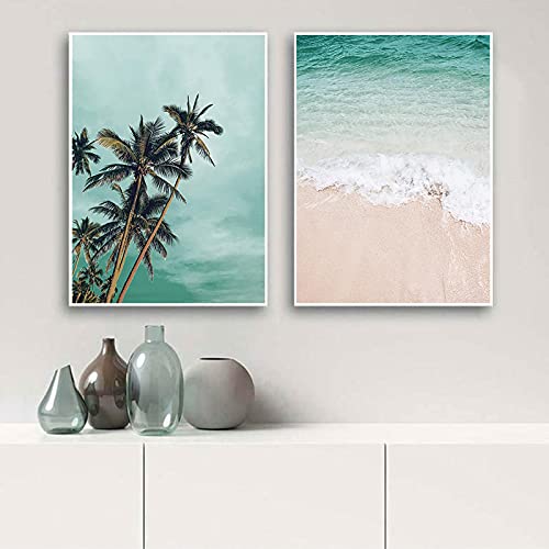 Art mural vert océan évocation vacances affiche plage tropicale et palmier x2