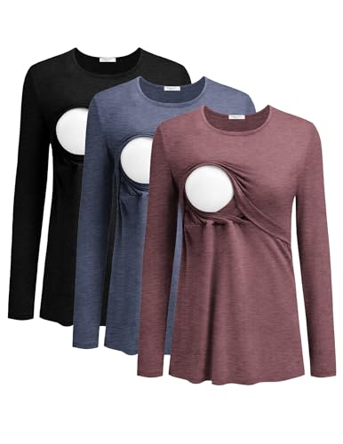 Ekouaer Women’s Nursing Top 3pack Long Sleeve Breastfeeding Shirts Postpartum Double Layer Clothes Round...