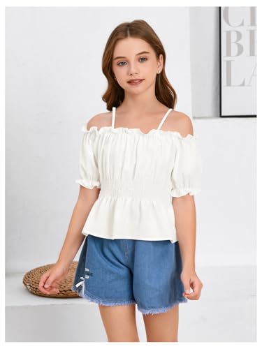 WDIRARA Girls Cold Shoulder Top Cute Ruffle Trim Puff Sleeve Shirt Casual School Holiday Peplum Blouse4