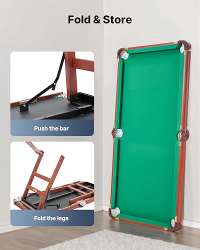 Image of VEVOR Folding Pool Table,Portable Billiards Tables, Foldable Space-Saving Entertainment Game Set Includes Ball, Cue, Rack, Chalk, Brush, Brown with Bule Cloth, for Family Use, Recreation Room