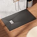Findepot 60" x 36" x 1.3" Zero Threshold SMC Shower Pan, Rectangle Non-Slip Shower Base with SMC or Stainless Steel End Drain Cover and 3-Sided Aluminum Waterproof Strip, Black