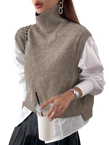 Women Turtleneck Crop Sweater Vest Sleeveless High Neck Solid Loose Fit Knitted Causal Jumper Top Streetwear