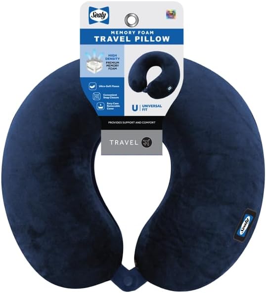 Sealy Memory Foam Travel Pillow, Universal Fit Contoured Neck Support Cushion with Snap Closure, Navy Plush