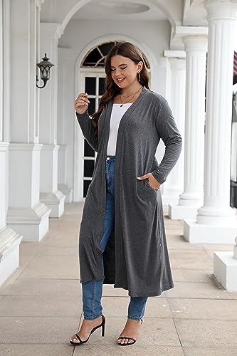 Image of Women Plus Size Floor Length Open Front Drape Cardigan Lightweight Long Sleeve Maxi Duster with Pockets 1X-5X