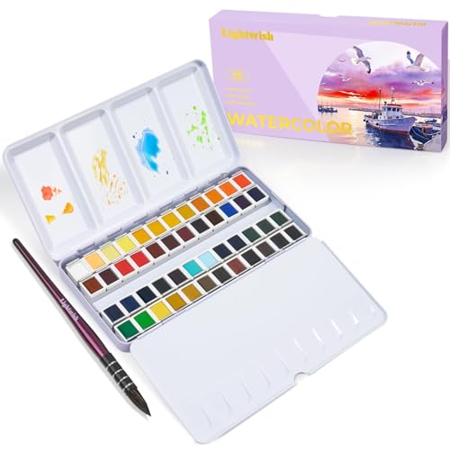 LIGHTWISH Aquarellfarben Set 48 Farben in Tragbarer Box, Mit Pinsel, Aquarellpapier und Mit Palette, Reise-Aquarell-Set für Künstler, Hobbymaler und Malerei-Liebhaber