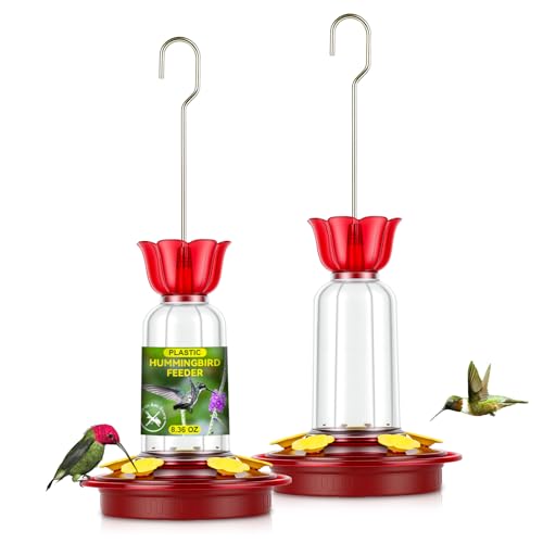 Hummingbird Feeder for Outdoors Hanging 8.3OZ Plastic Humming Bird Feeders with 5 Bee Guard Feeding Ports & Built-in Ant Moat Hummingbird Gifts for Mom Bird Feeder for Outside Garden Dcor 2 Pack