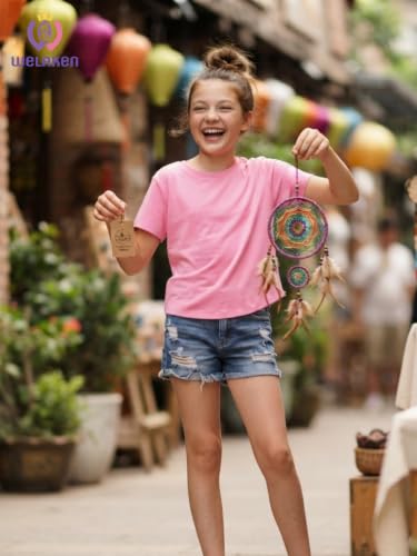 Image of WELAKEN Girls Soft T-Shirt with Curved Hem, Breathable Stretchy Rayon Crewneck Short Sleeve Tees, Kids Everyday Basic Top