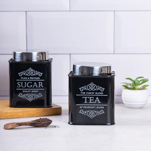 Image of Metallure Home Artisanal Kitchen Storage Jars | Tea, Coffee and Sugar Containers Set of 3 | Airtight Metal Containers for Home | Food Container Set with Secure Lid | Food Safe Kitchen Jar Set (Black)