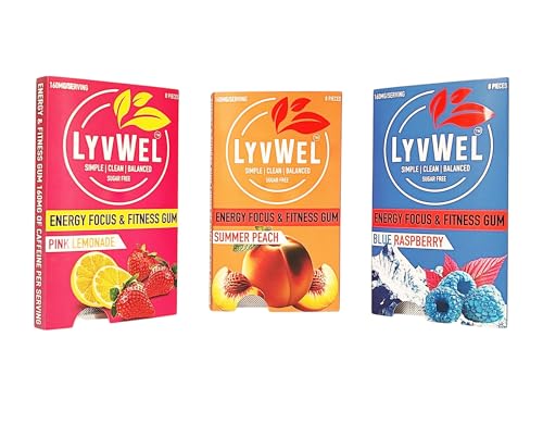 Image of LyvWel Energy Gum | 160mg Caffeine + 100mg Taurine per Serving | All Natural | Sugar-Free Pre-Workout Boost: Your Essential Energy Supplement to Stay Awake (3 Pack, Variety)