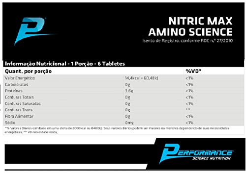 Arginina Nitric Max Amino Science 2 g Performance Nutrition 180 Tabletes Kit 3 Unidades