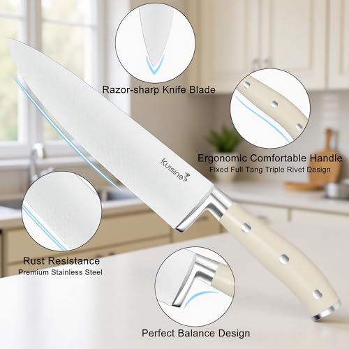 Image of KUISINE Upgraded Knife Set High Carbon Stainless Steel Sharper Blade Ergonomic Handle,Knife Block Set with Built- in Sharpener(Ivory Pro Acacia,15PCS)