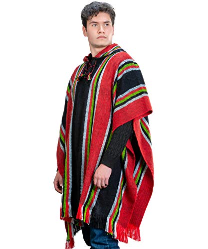 Traditional Hooded Poncho for Men in Black and Red Alpaca Wool - Cloak Cape for Winter2