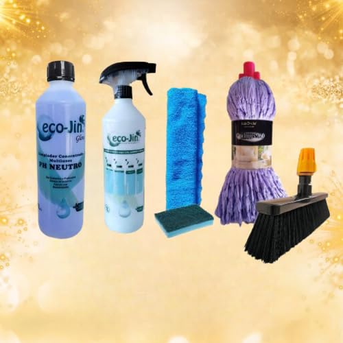 PACK LIMPIEZA ECO-JIN MULTISUPERFICIES FORMADO POR + FREGONA OPTIMUS + ESCOBA PARA INTERIORES + DIFUSOR + BAYETA Y ESTROPAJO CON ESPONJA (GLOW/JAZMÍN)