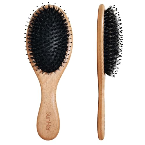 SunHer Cepillo de pelo de cerdas de jabalí, cepillo de cerdas de jabalí y nailon para mujeres y hombres con cepillo de plástico, cepillo de madera para cabello largo y grueso, rizado, alisador,