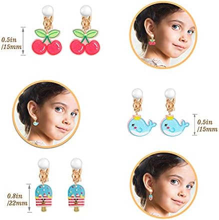 Hifot 12 Pairs Clip on Earrings Girls, Unicorn Rainbow Strawberry Flower Princess No Pierced Earrings for Kids, Party Favors Pretend Play Jewelry Accessories