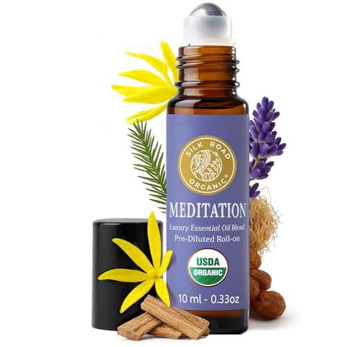 Silk Road Organic Meditation Essential Oil Balancing Blend Roll On,100% Pure USDA Certified Aromatherapy for Chakra Healing, Focus, Calming, Mindfulness & Spiritual Well-Being - 10ml Roller