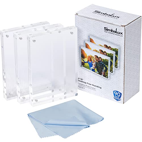 Simbalux Magnetic Acrylic Picture Photo Frame 4X6 Inches (3 Pack), Clear Glass Like, Double Sided Frameless Desktop Floating Display, Free Standing, Easy To Change #TOP1
