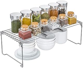 HapiRm Cupboard Organiser Kitchen Cupboard Organiser, Expandable Kitchen Shelf Organiser for Kitchen, Bathroom, Stainless Steel Cupboard Tidy for Cabinets, Countertops, Non-slip, Silver